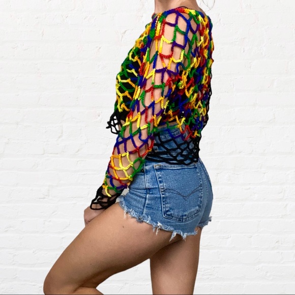 HANDMADE | Rainbow Lace Crochet Long Sleeve Festival Summer Cropped Top - Picture 7 of 9